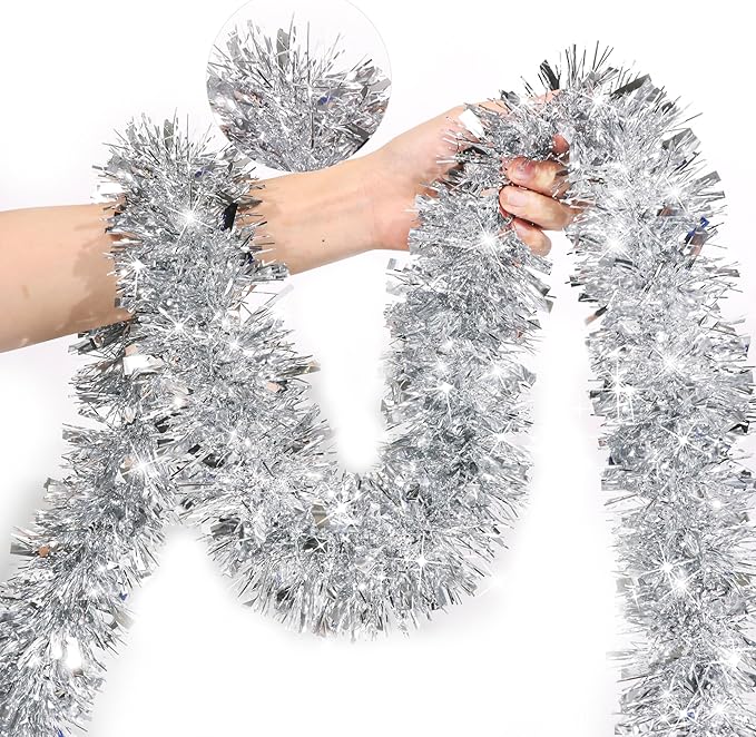 50 FT Silver Christmas Tinsel Garland Christmas Decorations for Xmas Tree Decor Metallic Twist Shiny Hanging Garlands for Tree Mantel Stairs Fireplace Home Indoor Outdoor Holiday Decor Party Supplies