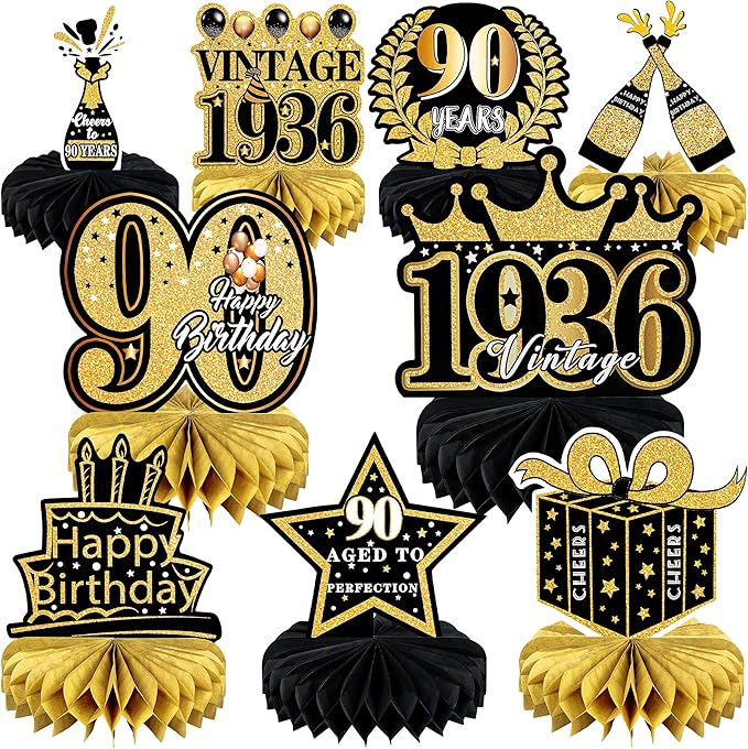 9 Pcs 90th Birthday Decoration for Men Women 90th birthday Centerpieces for Tables Decorations Cheers to 90 Years 1936 Birthday Honeycomb Table Topper Black and Gold 90th Birthday Party Favors