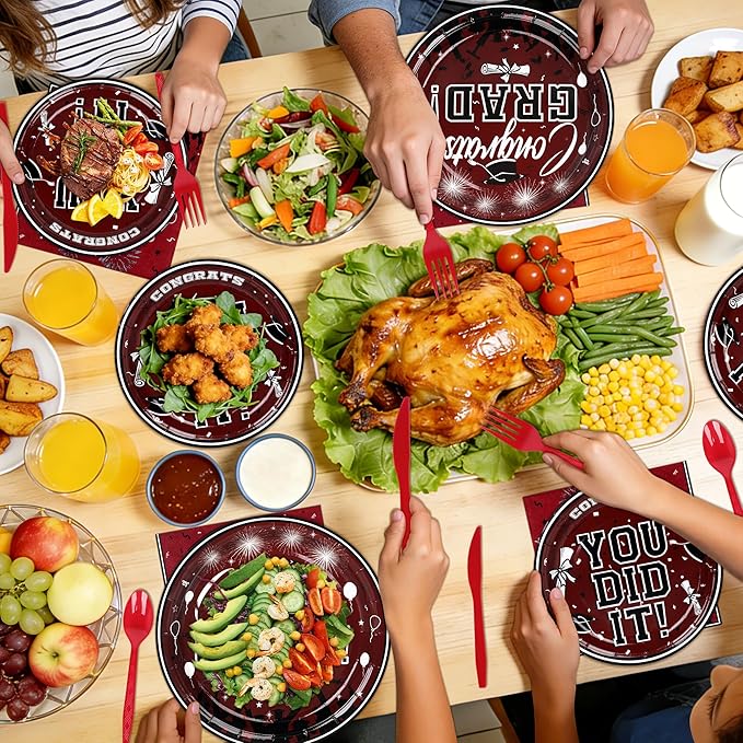 175PCS Graduation Plates and Napkins Set 2026 Graduation Party Supplies Tableware Set Include Paper Plate Napkin Cup Knife Fork Spoon for Grad Party Decor Serve25(Maroon)