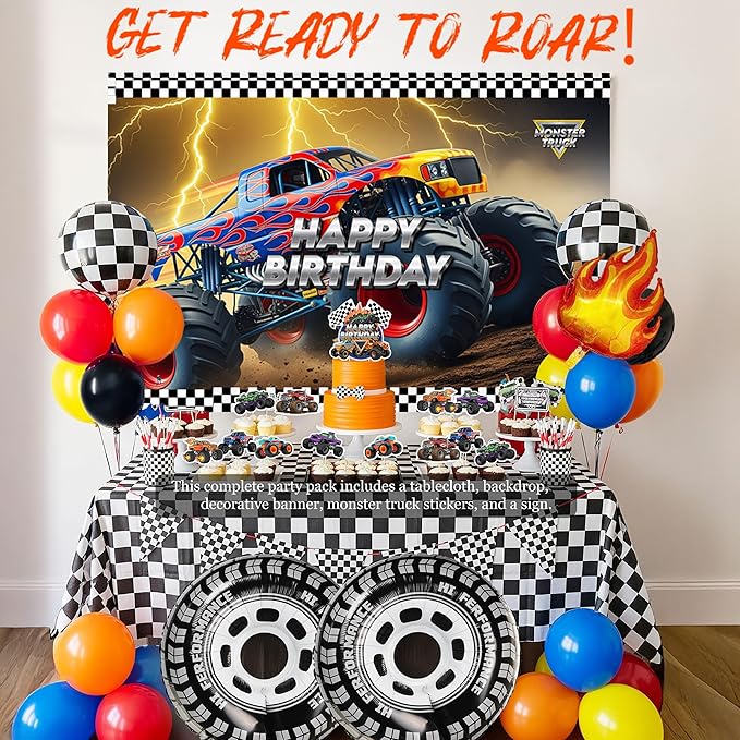 Monster Truck Birthday Decorations include Red Blue Yellow Balloons Ribbon Arch Cake Paper Card Toppers Tablecloth Backdrop Truck Birthday Decor for Boys Racing Party Decoration Supplies