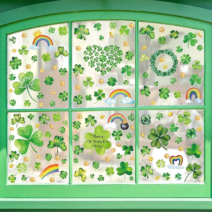 9 Sheets St Patrick's Day Window Clings, 217 PCS Green St Patricks Day Shamrock Window Stickers with Coins Rainbow, Double Sided Static Window Clings for Glass Windows St Patricks Day Decorations