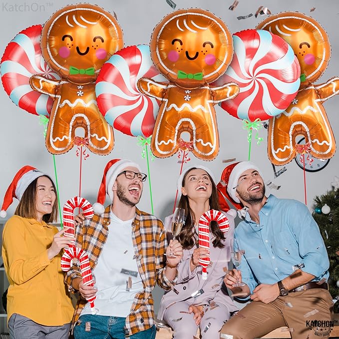 KatchOn, Gingerbread Balloons and Candy Cane Balloon - 32 Inch, Pack of 9 | Christmas Balloons for Gingerbread Christmas Decorations Indoor