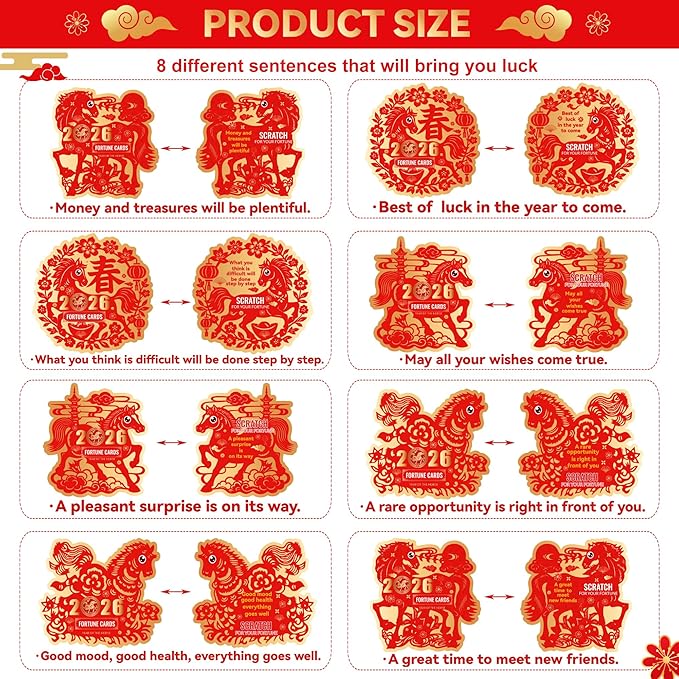 KYMY 2026 Chinese & Vietnamese New Year Scratch Cards – 64PCS Spring Festival Scratch Off Fortune Cards, Zodiac Horse Year Red Lucky Cards for Lunar New Year Party Decorations