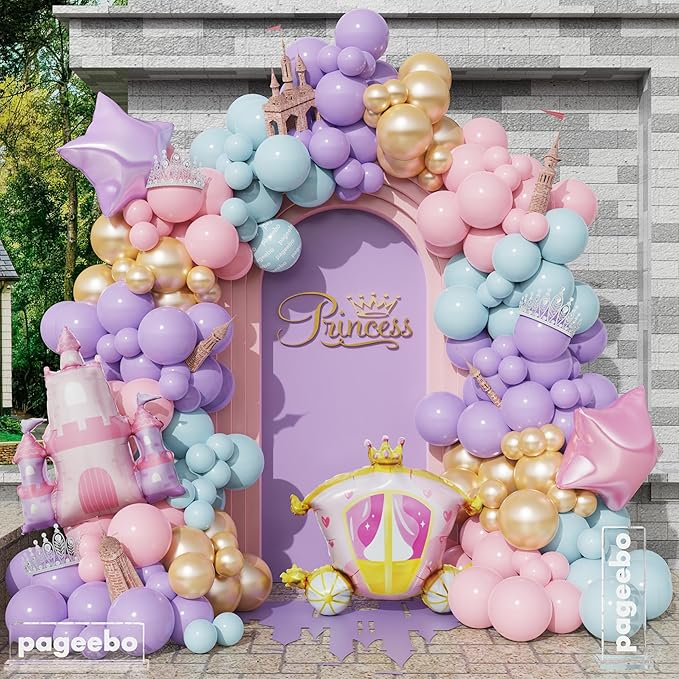 PageebO Princess Balloon Garland Arch, 154Pcs Pastel Blue Pink Purple Gold Balloons with Castle Carriage Star Foil Balloons for Girls Princess Rainbow Baby Shower Birthday Fairytales Party Decortion