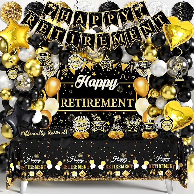 Retirement Party Decorations for Men Women 109Pcs Black Gold Happy Retirement Set Retired Banner Backdrop Balloons Sash Swirls Pompoms Tablecloth Honeycomb - Indoor Outdoor Reusable