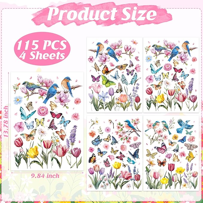 115 PCS Spring Decorations, 4 Sheets Waterproof Spring Window Clings, Double-Sided Easter Window Decorations with Flowers Butterflies Birds Designs, Colorful Easter Party Decor for Home Store