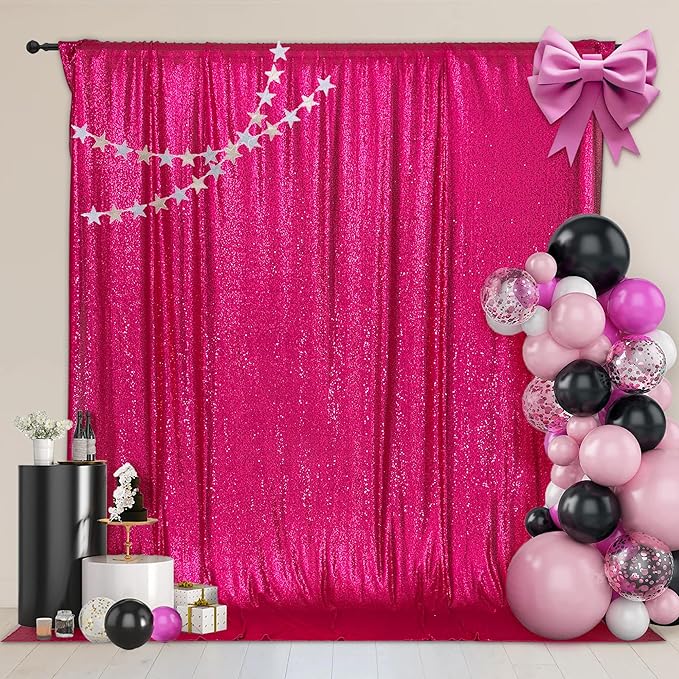PartyDelight Hot Pink Sequin Backdrop 6x8ft - High Density 3mm Shimmer Sequin Background with 4-Inch Rod Pocket, Sparkly Photography Curtain for Wedding, Bachelorette Party & Event Decor