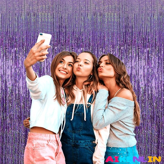 4 Pack 3.2Ft x 8.2Ft Light Purple Foil Fringe Curtain Backdrop, Metallic Tinsel Foil Fringe Streamers Curtains for Photo Booth, Birthday, Wedding, Disco, Halloween, Christmas Party Decoration