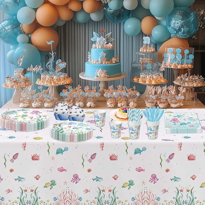 APOWBLS Under The Sea Party Decorations For Ocean Theme Birthday Baby Shower, Ocean Under The Sea Party Supplies, Plate, Cup, Napkin, Tablecloth, Cutlery, Underwater Sea Life Party Tableware, Serve 24