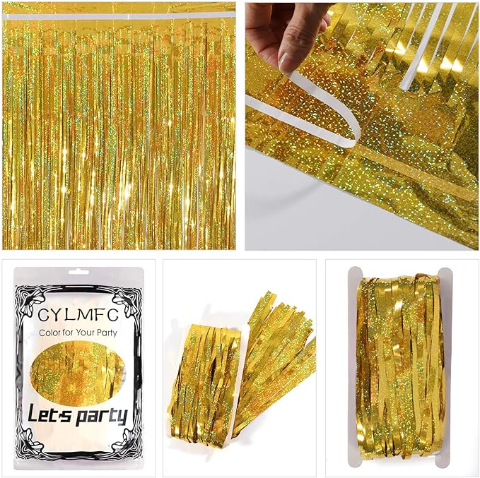 Gold Fringe Curtain - 2 Packs 3ftx8ft Sparkle Metallic Party Backdrop Curtain Photo Booth Props Birthday Decorations Gold Birthday Backdrop