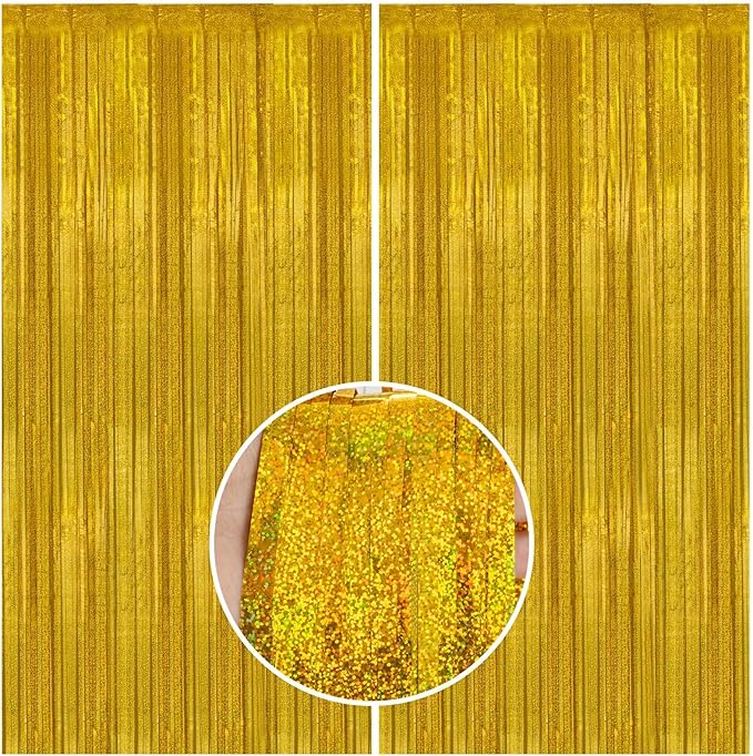 2 Pack 3.3 x 8.2 ft Tinsel Foil Fringe Curtain Backdrop, Upgraded Gold Glitter Metallic Streamers Backdrop Curtains for Birthday Decorations Bachelorette Prom Graduation Party Decorations