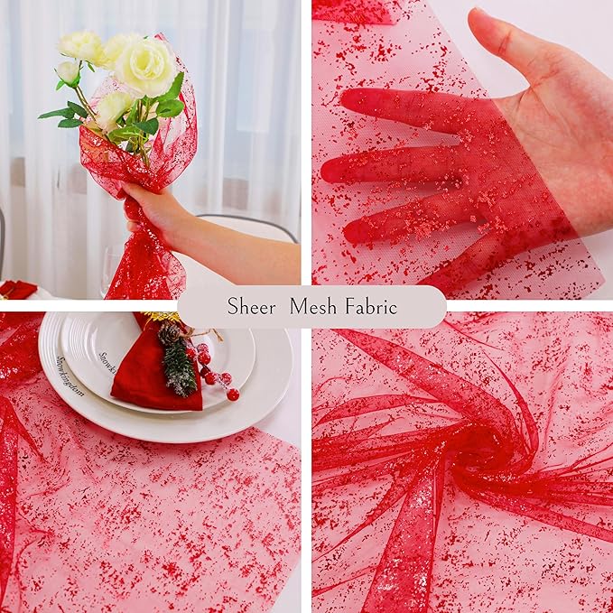 Snowkingdom 6 Pcs Red Glitter Table Runner 10 FT, Sheer Chiffon Sparkle Gauze Cheesecloth Mesh Runners 120 Inch, Red Table Centerpieces Decoration for Birthday Party Wedding Christmas Mothers Day