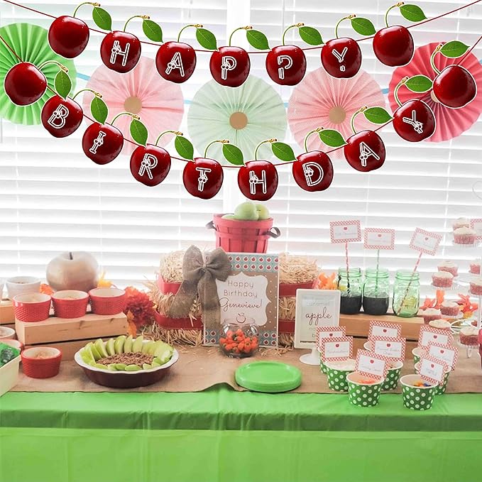 Cherry Happy Birthday Banner – Fruit-Themed Birthday Decoration Banner for Indoor Party Setup, Wall Hanging Display, Dessert Table Background, Photo Booth Backdrop, and Creative Birthday
