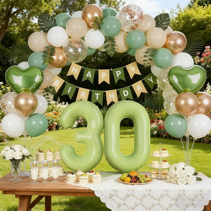 Sage Green 30th Birthday Decorations for Women Men, Dirty 30 Milestone Party Supplies, Sand White & Cream Balloon Kit with Green Number 30 Balloon and Fringe Curtains