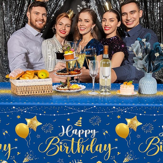 Tudomro 3 Pcs Happy Birthday Tablecloths Happy Birthday Party Decorations Plastic Table Cover Rectangular Cloths for Women Men Baby Shower Party Supplies, 108 x 54 Inch (Blue Gold)