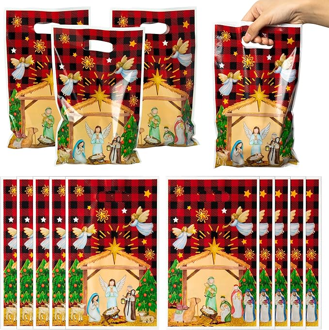 50Pcs Christmas Nativity Christian Party Favor Bags, Jesus Cardinal Buffalo Plaid Goodies Gift Bags, O Holy Night Themed Party Decorations for Christmas Birthday Supplies