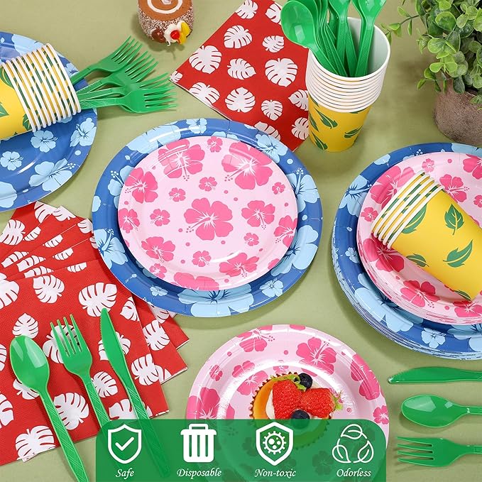 Kochorie 175 Pieces Hawaiian Cartoon Party Supplies Tropical Hawaii Hibiscus Floral Tableware Set 7 Inch & 9 Inch Paper Plates Napkins Cups Cutlery for Birthday Blue Cartoon Party, Serve 25 Guests
