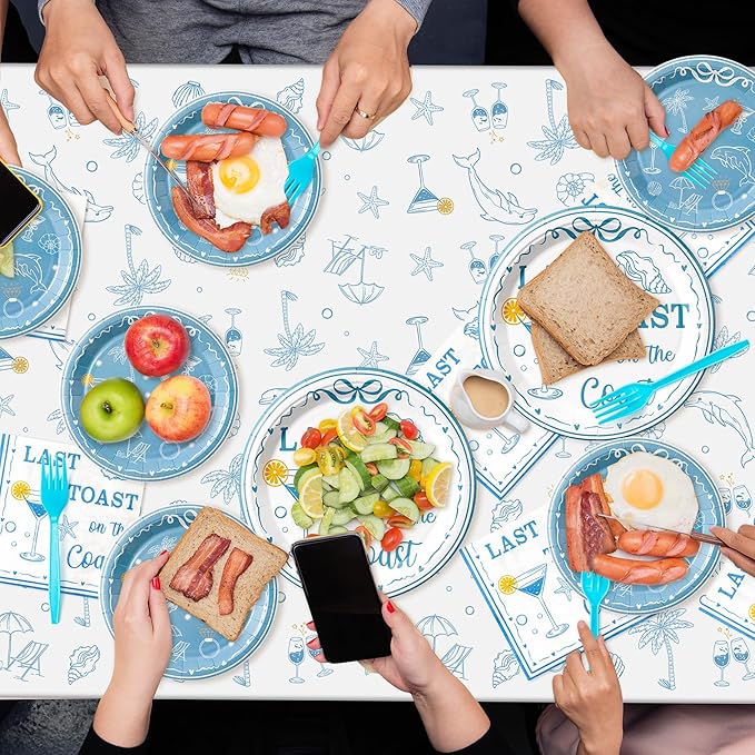 K1tpde 3PCS Last Toast On The Coast Bachelorette Party Tablecloth for Adult, Coastal Themed Blue Wine Cup Shell Starfish Plastic Tablecloth, Disposable Tablecover for Bridal Shower Summer Party Decor