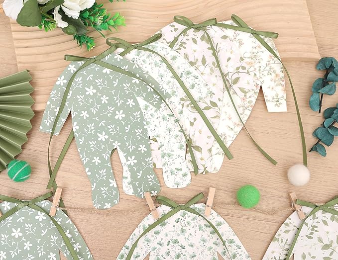 8pcs Neutral Baby Shower Bunting - Green Baby Pajamas with Ribbon Bows, Gender-Revealing Neutral Party Supplies, Clothesline Birthday Party Banner (Baby Shower Banner Green)