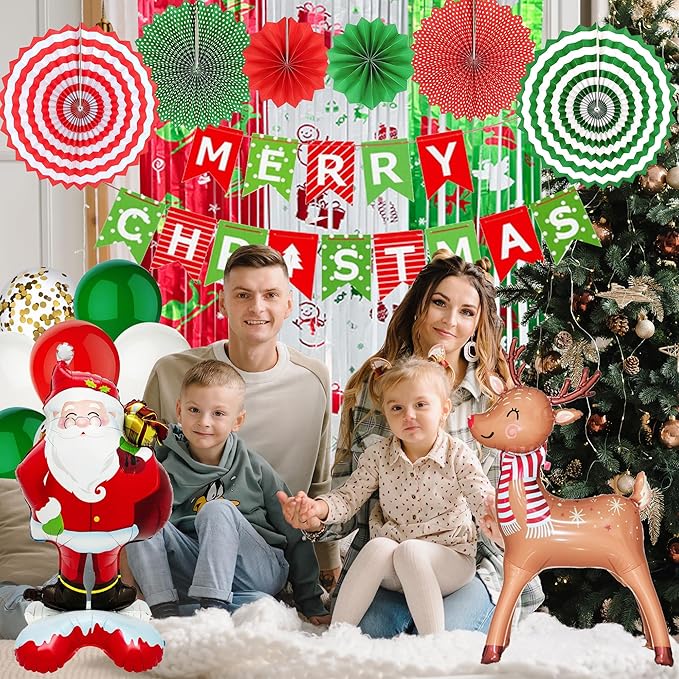 Trgowaul Merry Christmas Decorations, 30pcs Red Green Happy Christmas Party Supplies Decorations, Banner, Paper Fan Flower, Santa Claus Xmas Elk Foil Balloon, Fringe Curtain, Xmas Decoration Set