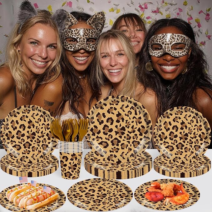 168PCS Leopard Print Party Suppplies Animal Cheetah Print Plates Napkins Cups Tableware Set Jungle Animal Leopard Theme Birthday Party Decorations Serve 24 Guests