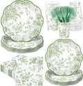 Kochorie 144 Pieces Sage Green Floral Paper Plates and Napkins Party Supplies Sage Green and White Flower Tableware Set Include Vintage Scalloped Plate Napkin Cups Forks for Wedding Birthday Tea Party