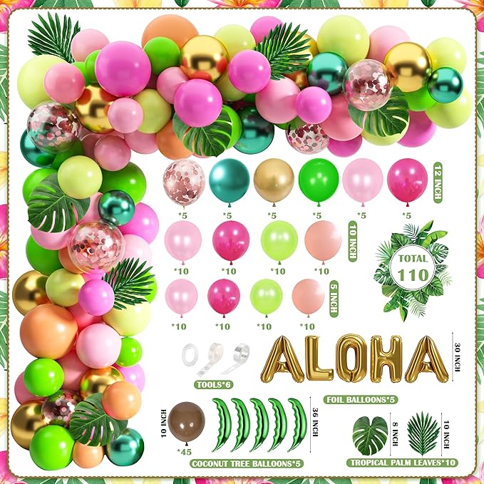Tropical Luau Balloons Arch Garland Kit Luau Party Decorations with Palm Leaves Flamingo Palm Tree Aloha Foil Balloon Coconut Balloons Set for Tropical Hawaiian Flamingo Party (Aloha-A)