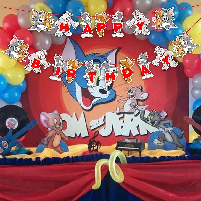 "Tom & Jery Happy Birthday Banner – Classic Cartoon Theme Party Decoration – Fun & Colorful Hanging Banner for Birthday Party Supplies – Cartoon Character Birthday Décor for Boys & Girls"