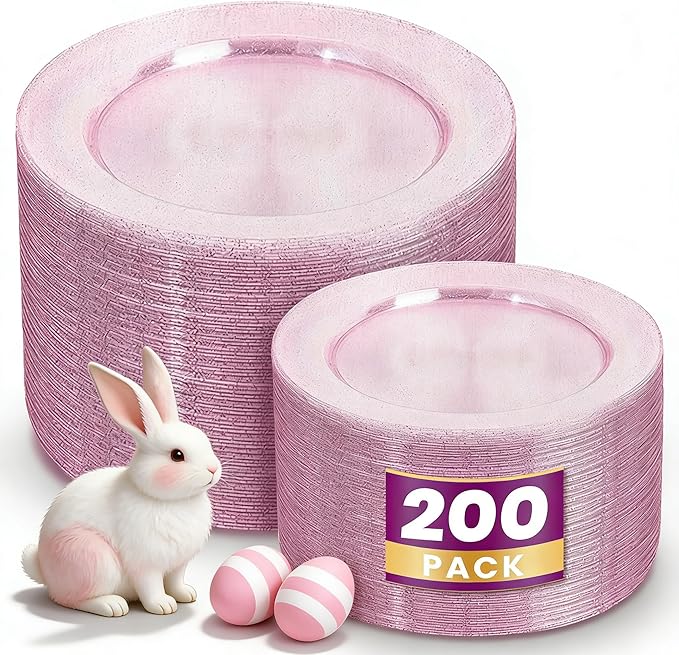 WDF 200PCS Pink Plastic Plates - Rose Gold Glitter Plastic Plates - Heavy Duty Pink Glitter Disposable Plates for Wedding Baby Shower Spring Birthday Easter