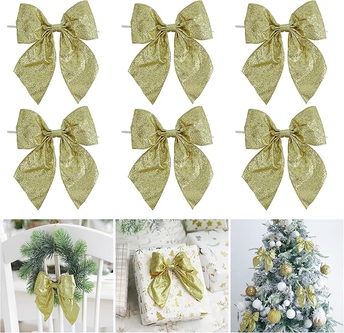 AIMUDI Gold Glitter Wired Ribbon Bows with Twist Tie 5.5" Premade Metallic Christmas Bows for Gift Wrapping, Wreath, Garland, Holiday Crafts Party Home Outdoor Christmas Tree Decorations, 12 PCs