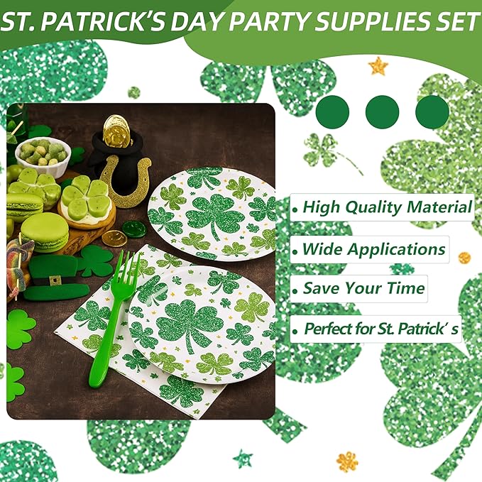 100 Pcs St. Patrick’s Day Shamrock Tableware Party Supplies Set, Serves 25 – Disposable Green Clover Paper Plates, Napkins, and Forks for Irish Celebration, Lucky Party, or Spring Festival Decorations