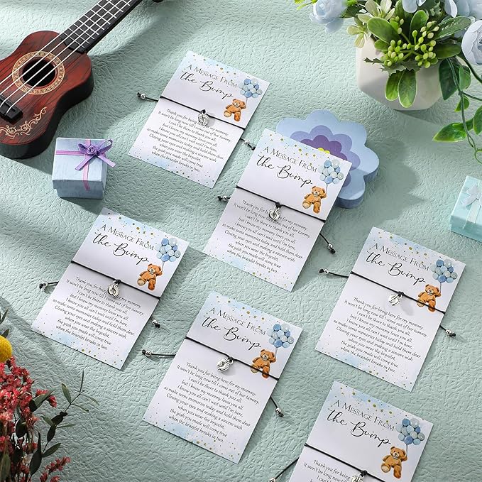 Thyle 50 Set Blue Bear Baby Shower Favors for Guests Adjustable Bracelets with Message from the Bump Card Footprints Charm Baby Shower Bracelets for Gender Reveal Thank You Gifts