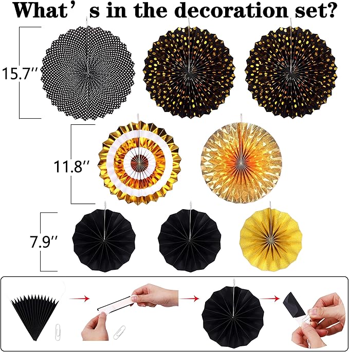 Moon Boat 35PCS Party Decorations Paper Fan Hanging Set - Birthday,Graduation,Baby Shower,Wedding,Retirement,Black and Gold Decor（Black）