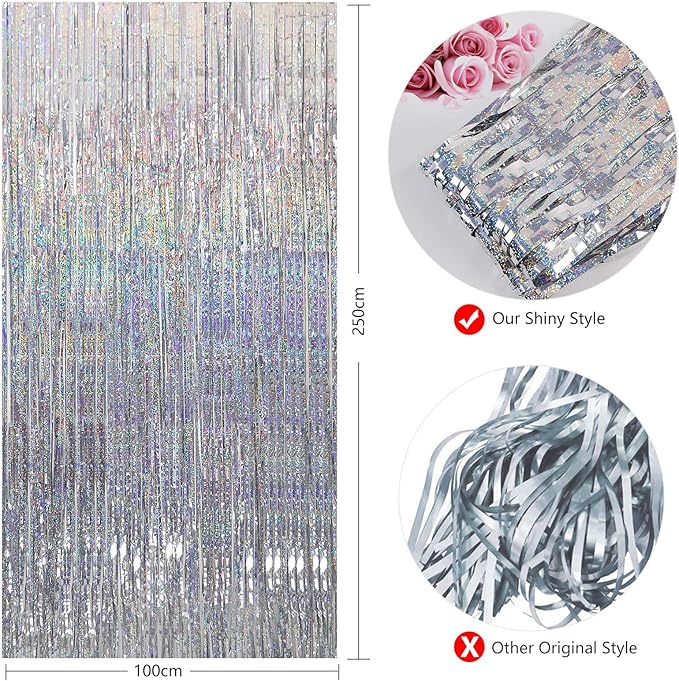 Foil Fringe Curtains - 2 Packs 3ftx8ft Sparkle Metallic Curtains Party Decorations Photo Booth Decorations Party Supplier - Sliver
