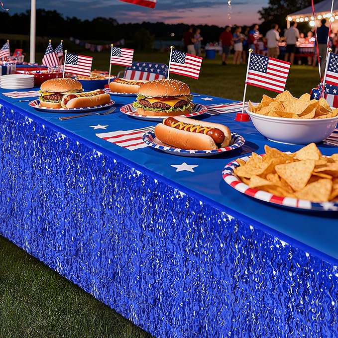 Navy Blue Table Skirt, 2 Pack Blue Foil Grass Table Skirt, Patriotic Metallic Wavy Tinsel Foil Fringe Table Skirts, Table Skirts for Birthday Graduations 4th of July Christmas Parade Party