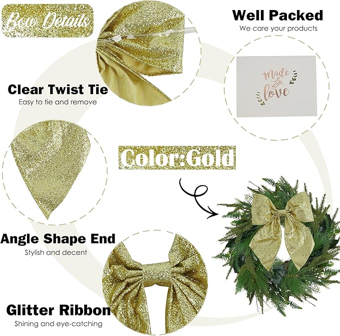 AIMUDI Gold Glitter Wired Ribbon Bows with Twist Tie 5.5" Premade Metallic Christmas Bows for Gift Wrapping, Wreath, Garland, Holiday Crafts Party Home Outdoor Christmas Tree Decorations, 12 PCs