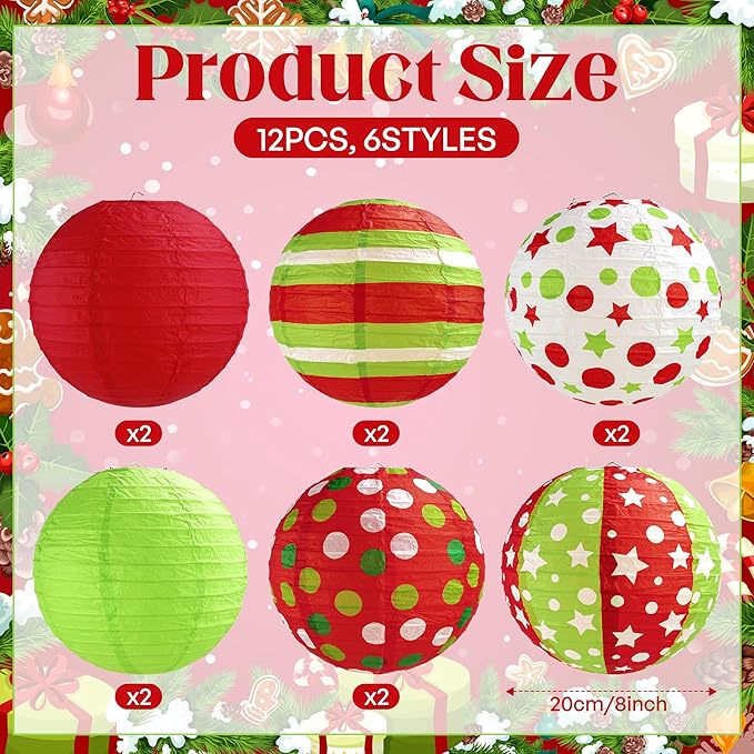 12 Pcs Red Green Christmas Hanging Paper Lanterns 8 Inch Christmas Party Lanterns Indoor Outdoor Decorative for Xmas Holiday Party Baby Shower Birthday