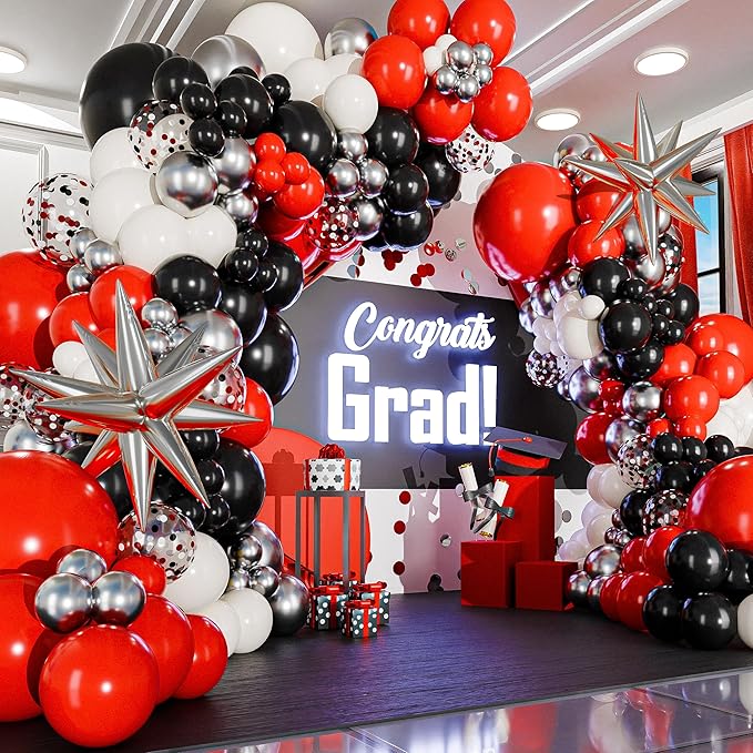 ALL-IN-1 Red Black and White Balloon Arch Kit for Red and Black Birthday Party Decorations – Reds and Blacks Balloons for White Black and Red Balloon Garland Kit – Graduation Black and Red Balloons