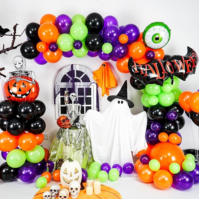 Halloween Balloons Garland Arch Kit, Orange Green Purple Balloons Arch Kit with Big Green Ghost Eye and Bat Skull Pumpkin Foil Balloon, Halloween Party Balloons For Home Garden Birthday Decorations