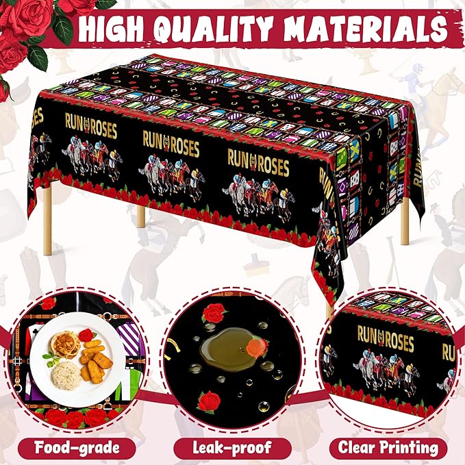 QZYL 2 PCS Derby Table Cloth, Disposable Plastic Derby Decorations, 54 x 108 Inch Horse Tablecloth, Run for The Roses Kentucky Racing Rectangle Tablecover Horse Decorations for Party Supplies