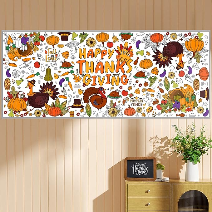 OHOME Thanksgiving Giant Coloring Poster/Tablecloth-Thanksgiving Crafts for Kids-30 x 72 Inches Jumbo Paper Coloring Banner Games Activities Essentials for Kids Gifts - Thanks Giving Decorations Decor