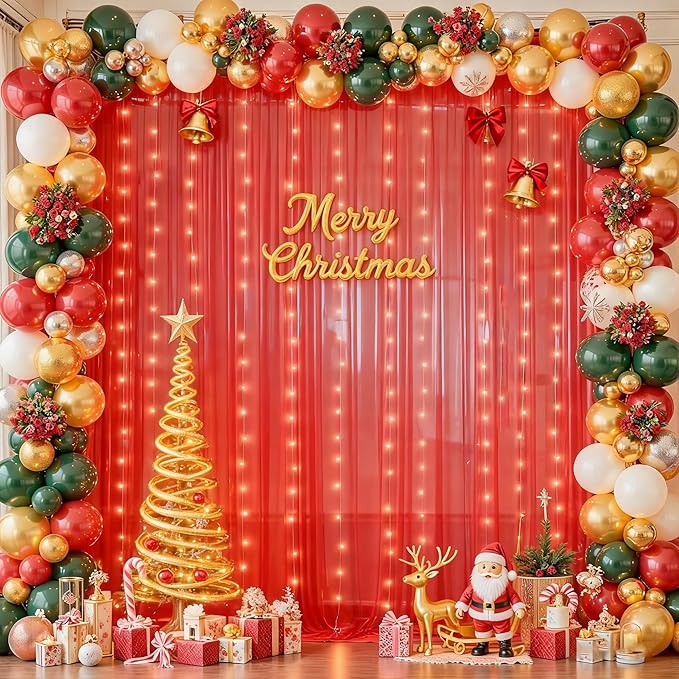10x10ft Red Tulle Backdrop Curtain with Lights String for Parties, Sheer Photo Backdrop Curtains for Valentines Wedding Baby Shower Birthday Party Photo Shoot Decorations