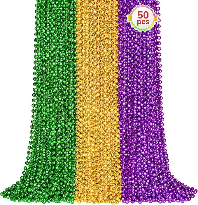50PCS Mardi Gras Beads Bulk, 33'' Metallic Purple Green Gold Mardi Gras Beads Necklaces Accessories, Carnival Beaded Necklace for Parade Throws Costumes Accessory Party Decorations Supplies Favors