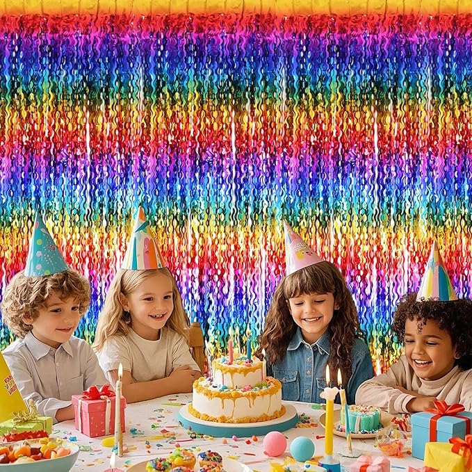 2 Pack Colorful Wavy Foil Fringe Curtain Backdrop, 3.3 X 6.6 Ft Rainbow Wavy Fringe Curtains, Colorful Streamer Shiny Metallic Tinsel Iridescent Streamers for Birthday Party Streamers Photo Booth