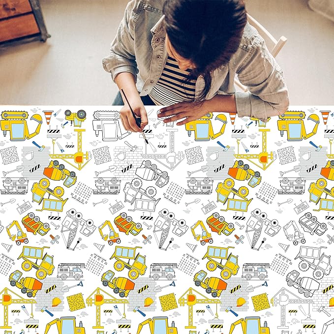 Giant Construction Coloring Tablecloth,54x108 Inch, Construction Birthday Party Supplies Construction Theme Party Favors