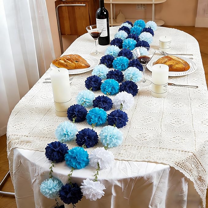 Sahoottie 2 Pc White and Blue Hanging Paper Flower Garland, 8.2 FT Ombre Tissue Paper Flower Garland, Blue Pom Pom Garland for Beach Wedding Backdrop Ocean Themed Party Bridal Shower
