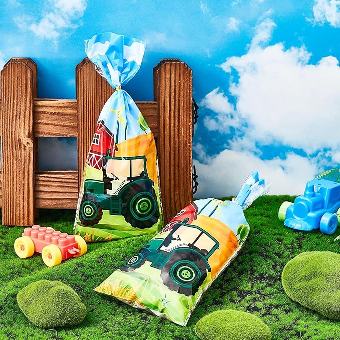 Gueevin 100 Pieces Cellophane Treat Bags Camp out Goodie Candy Favor Bags with 100 Pieces Twist Ties for Party Decorations Kids Birthday Party Baby Shower Supplies Gift Wrapping (Tractor Pattern)