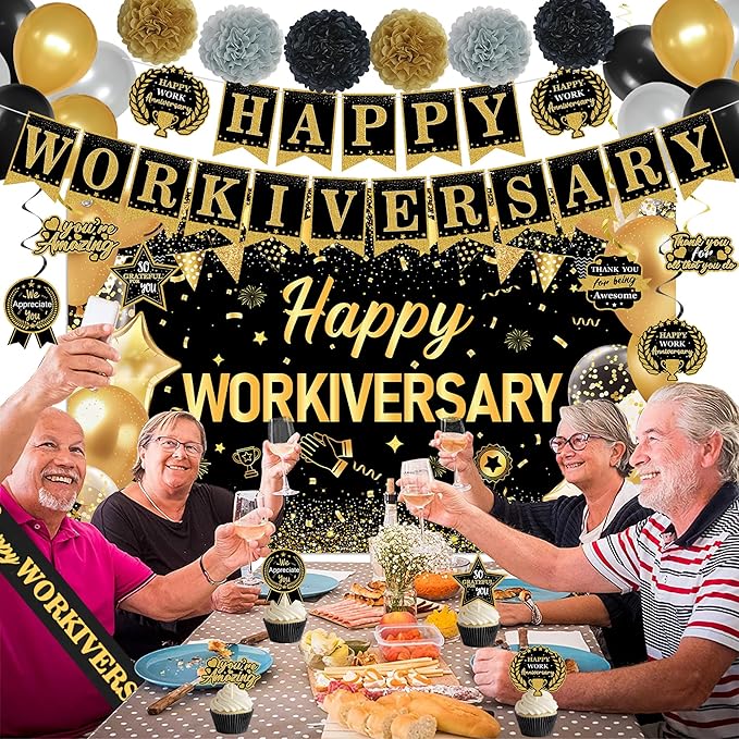 DARUNAXY Happy Workiversary Party Decorations for Men Women, Black Gold Happy Work Anniversary Banner Cake Topper Hanging Swirl Confetti Balloons Decor Set for Employee Office Party Supplies(31PC)
