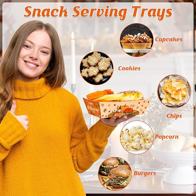 50Pcs Thanksgiving Food Trays, 5.94" x 3.34" x 2.16" Thanksgiving Party Supplies Disposable Fall Boats, Pumpkin Turkey Paper Serving Tray, Food Boats for Snack Popcorn, Harvest Party Decorations