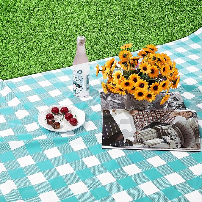Kesfey 3 Packs Aqua and White Gingham Table Cloths 54 x 108 Inches Disposable Plastic Checkered Tablecovers Waterproof Rectangle Picnic Party Table Covers for Birthday Party Supplies Christmas